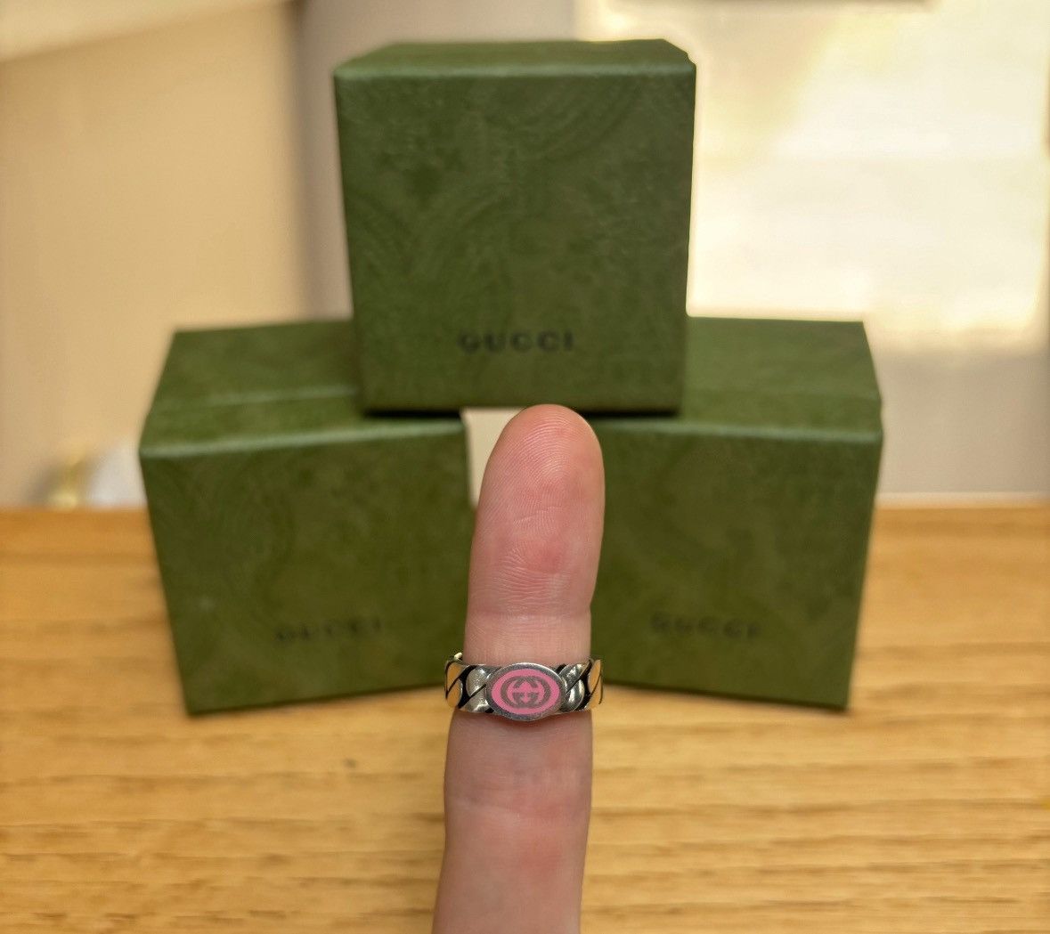 Gucci Gucci Silver/Pink Cuban Chain Ring - Size: 13IT Size ONE SIZE - 2 Thumbnail