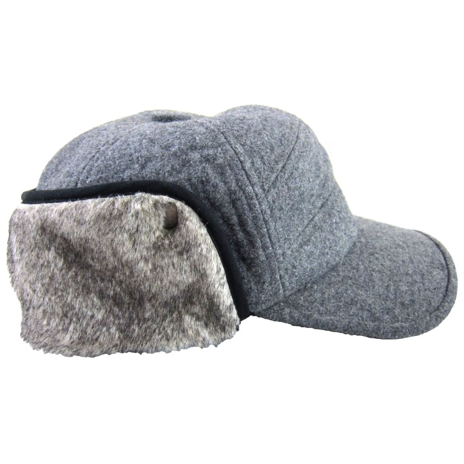 Vintage NWT Siggi Grey Wool Blend Faux Fur Ear Flap Brimmed Baseball Cap Hat Large Size ONE SIZE - 2 Thumbnail