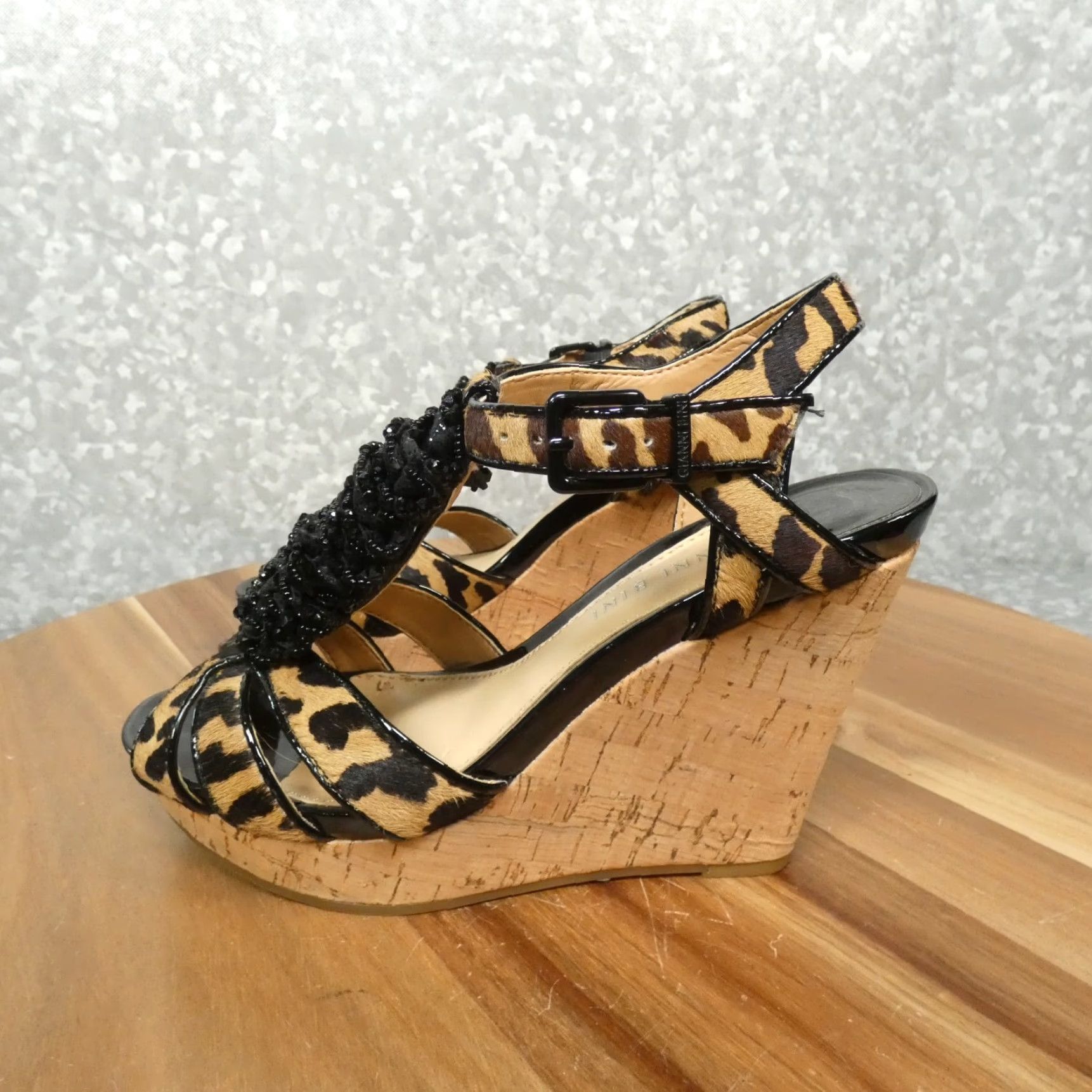 Vintage Gianni Bini Platform Wedge Sandals Womens 6M Leopard Print Leather Beaded Strap Size US 6 / IT 36 - 6 Thumbnail