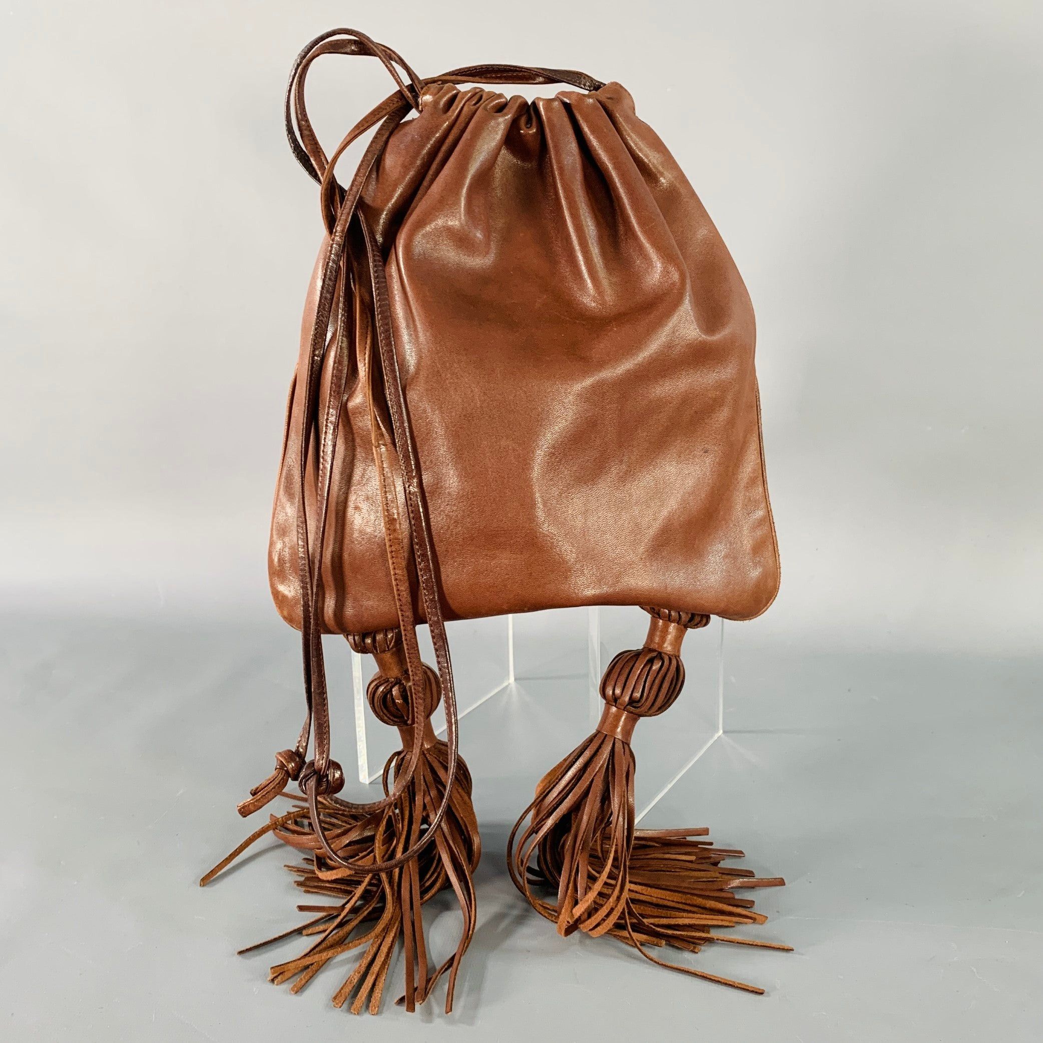 Bottega Veneta Brown Leather Tassels Drawstring Crossbody Bag, Men's