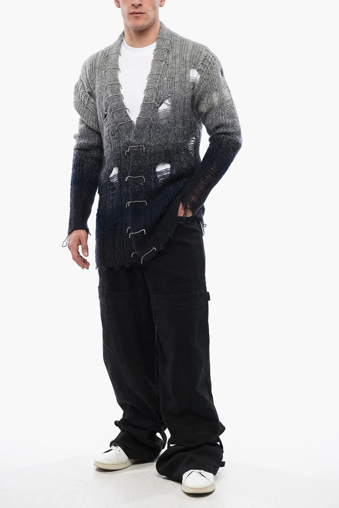 Off-White og1mm0526 Distressed-Effect Wool Cardigan in Gray/Black Size US S / EU 44-46 / 1 - 5 Thumbnail