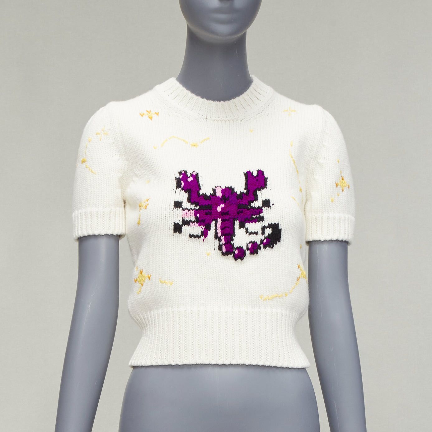 image of Dior 2023 Cream Virgin Wool Cashmere Scorpio Zodiac Cropped Sweater Top Fr34 Xs, Women's