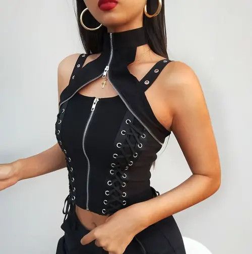 image of Designer Vintage Sleeveless Vest Zipper in Black, Women's (Size Small)