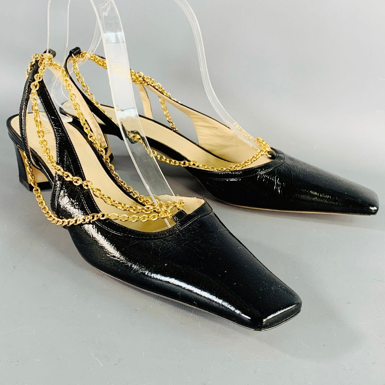 KHAITE Marfa Black Gold Leather Crinkled Chain Slingback Pumps Size US 9.5 / IT 39.5 - 1 Thumbnail