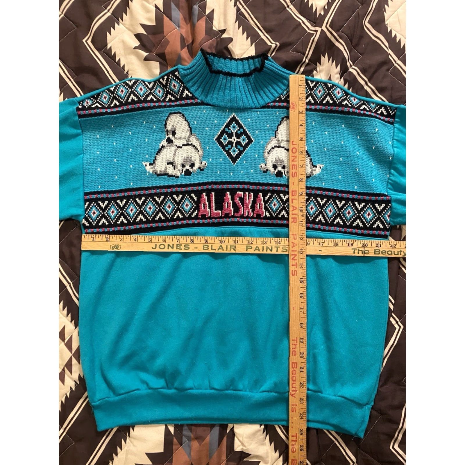 Vintage VINTAGE Heartland Women's Sweater Geometric Aztec Turquoise Raglan Sleeve Mock Neck L Regular Green Pullover 80s 90s Size L / US 10 / IT 46 - 4 Thumbnail