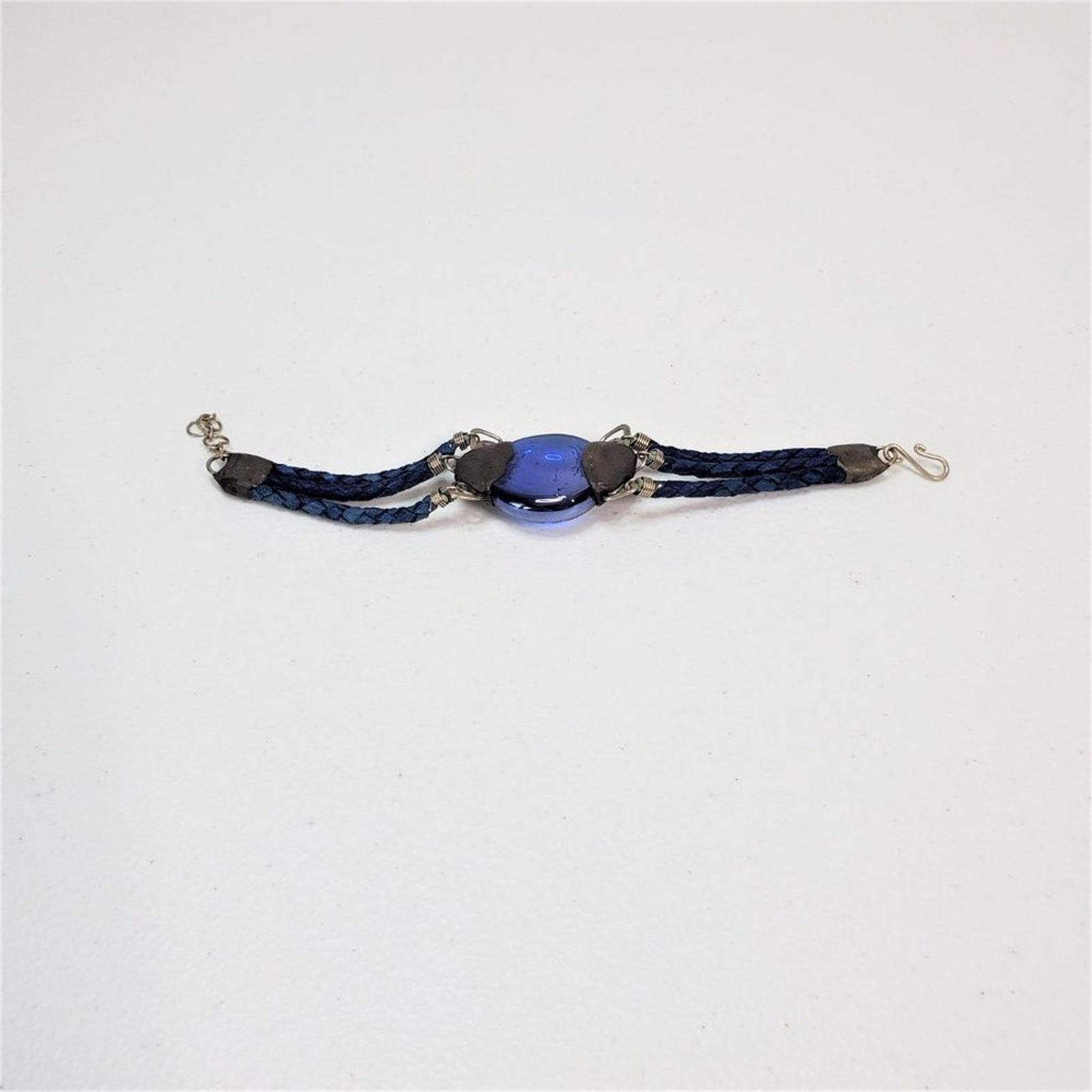 Vintage Handcrafted Cabochon Glass Leather Triple Braid Bracelet Size ONE SIZE - 4 Thumbnail
