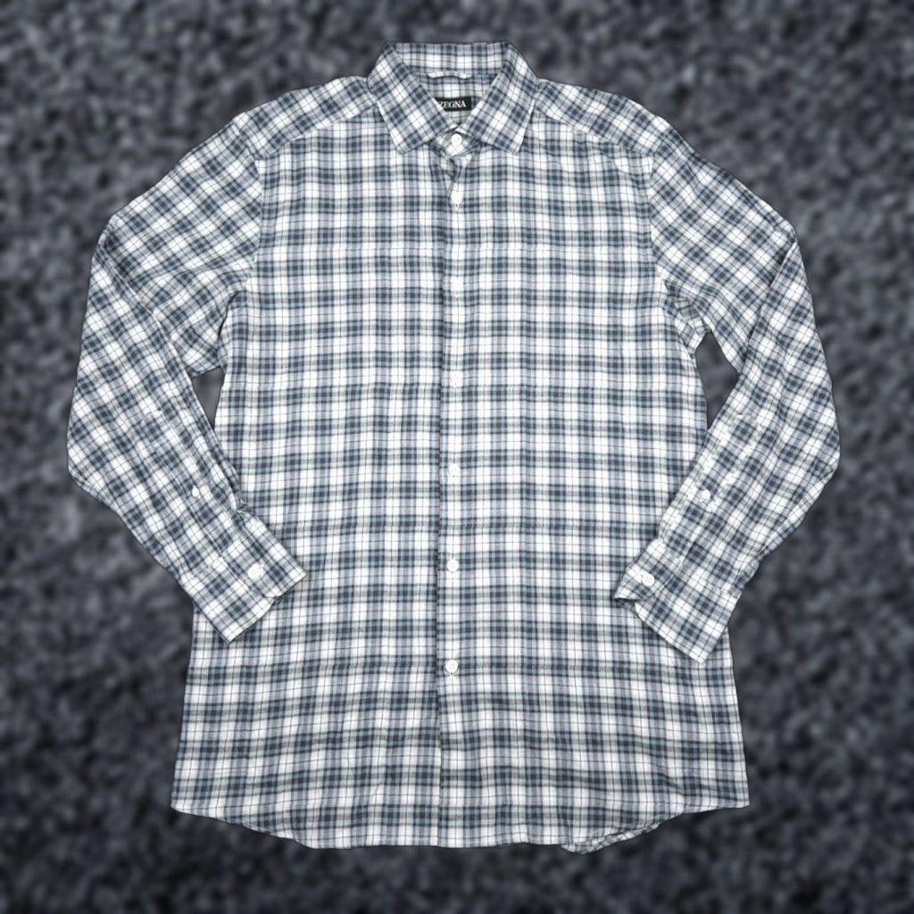 ZEGNA Shirt Men’s Medium Check Button Up Long Sleeve Cotton Shirt Button-Up Classic Multicolor Regular Fit