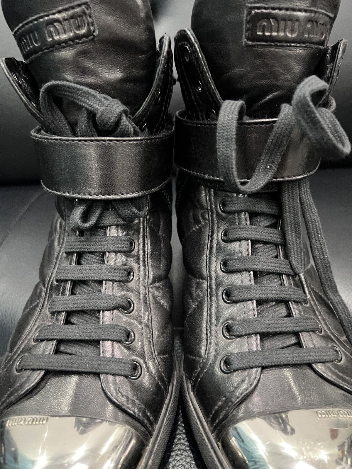 Miu Miu Miu Miu Metal Toe Lace-Up Wedge High-Top Boots Size US 7.5 / IT 37.5 - 13 Thumbnail
