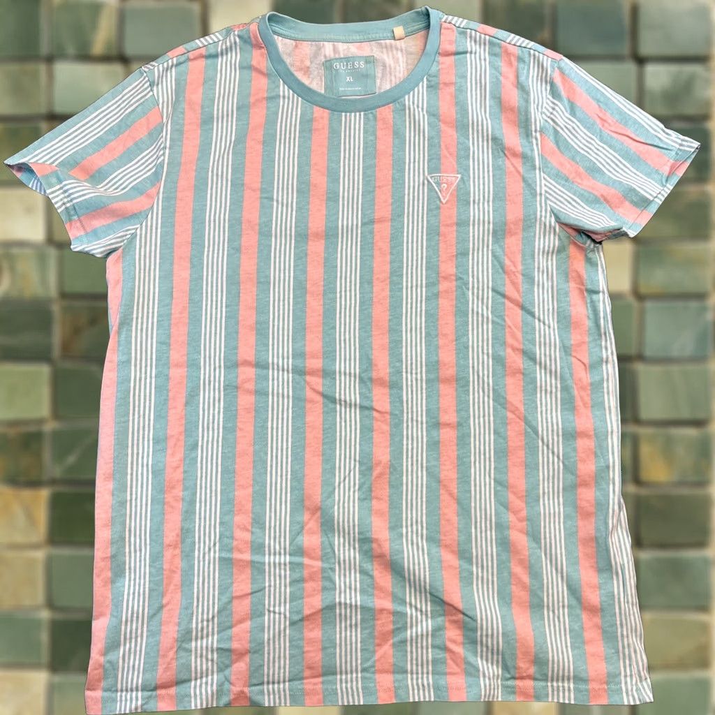 Guess Guess Los Angeles Striped Vertical Shirt Mens XL Sea Foam Mint Green Pink T-Shirt Crew Neck Multicolor Cotton Regular Short Sleeve GUESS Los Angeles Size US XL / EU 56 / 4 - 1 Thumbnail