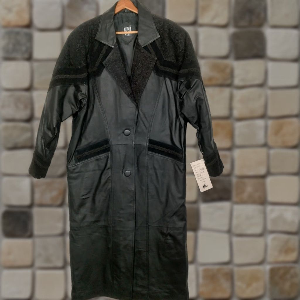 Bell VINTAGE Greg Bell Coat Trench Womens Leather Black Long Button 1990s New Old Stock Paisley Patchwork L Men? Size L / US 10 / IT 46 - 1 Thumbnail