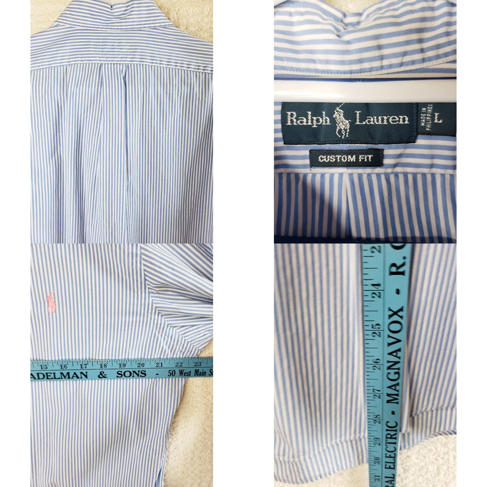 Ralph Lauren VINTAGE Ralph Lauren Dress Shirt Blue Striped Embroidered Pony Custom Fit Men's L Long Sleeve Button-Down Collar Shirt Size 42R - 8 Thumbnail