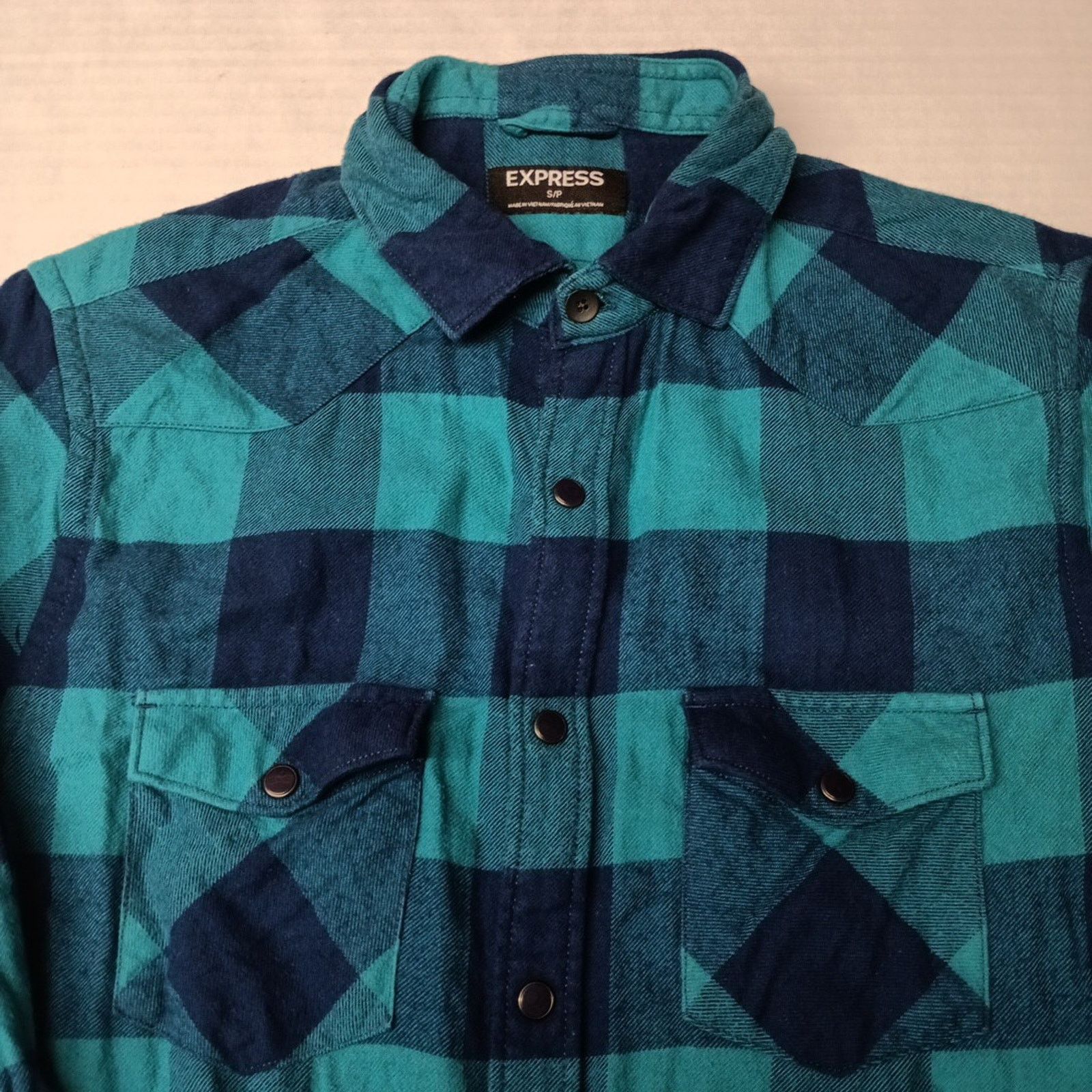 Express Express Flannel Snap Shirt Mens S Small Green Blue Checkered Size US S / EU 44-46 / 1 - 3 Thumbnail