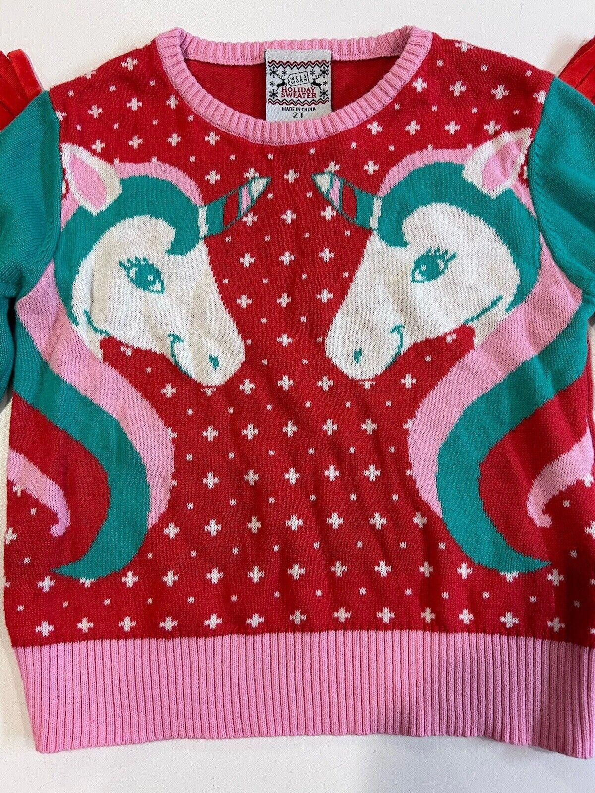 Designer Well Worn Unicorn Holiday Sweater 2T Red Green Pink Fringe Size US XXS / EU 40 - 4 Thumbnail