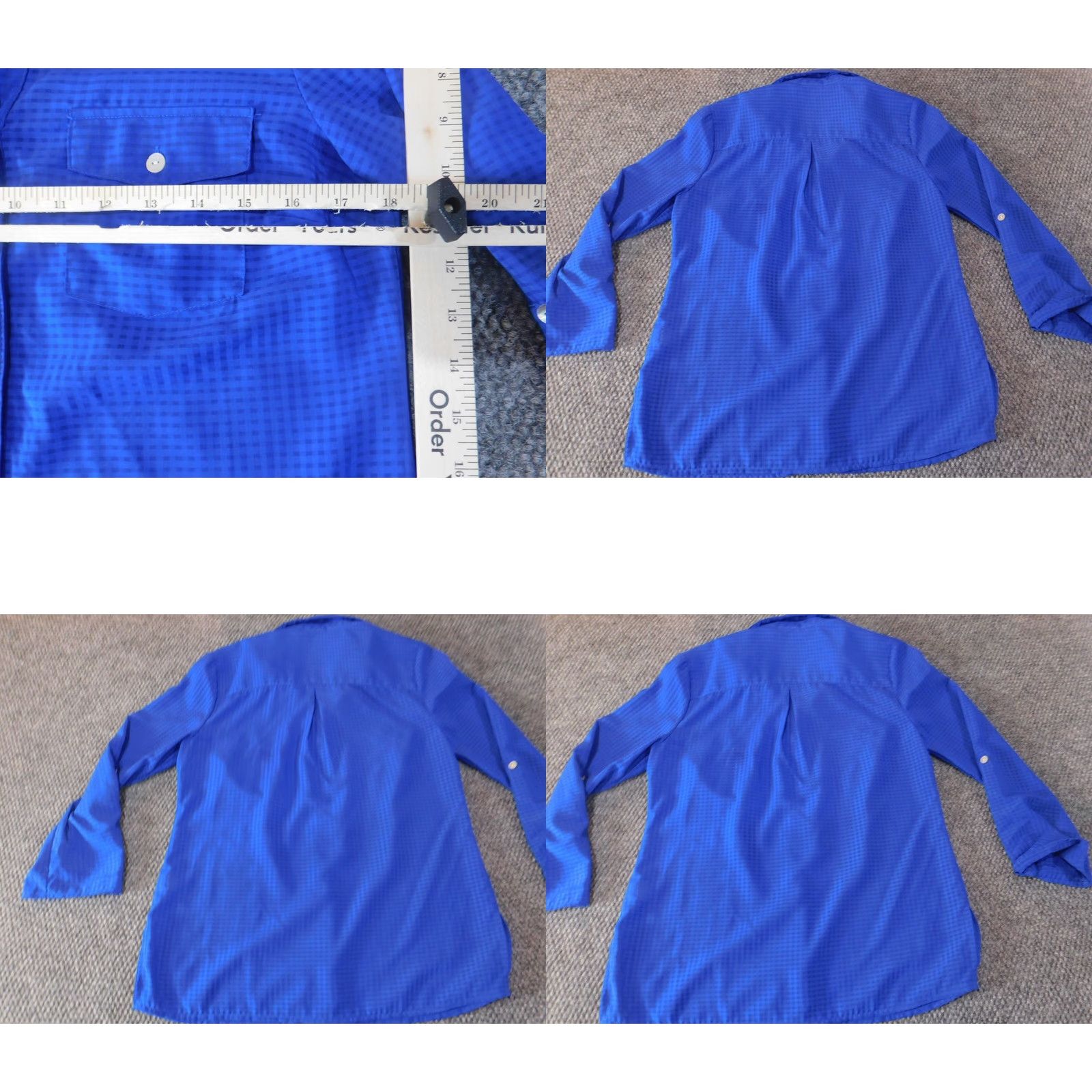 Vintage Kim Rogers Womens Blouse PM Petites Blue Button-Up Plaid Polyester Shirt Short Sleeve Collared Casual Knit Stretch Gud? Size M / US 6-8 / IT 42-44 - 8 Thumbnail