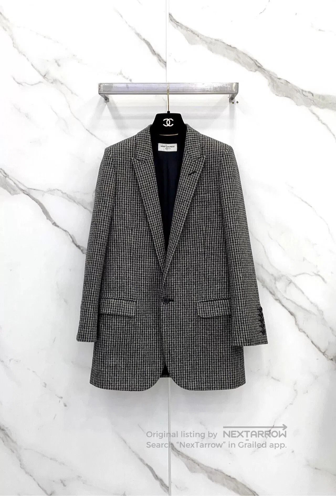 Saint Laurent Paris Saint Laurent Black Houndstooth Wool Blazer. Size XXS / US 00 / IT 34 - 1 Thumbnail