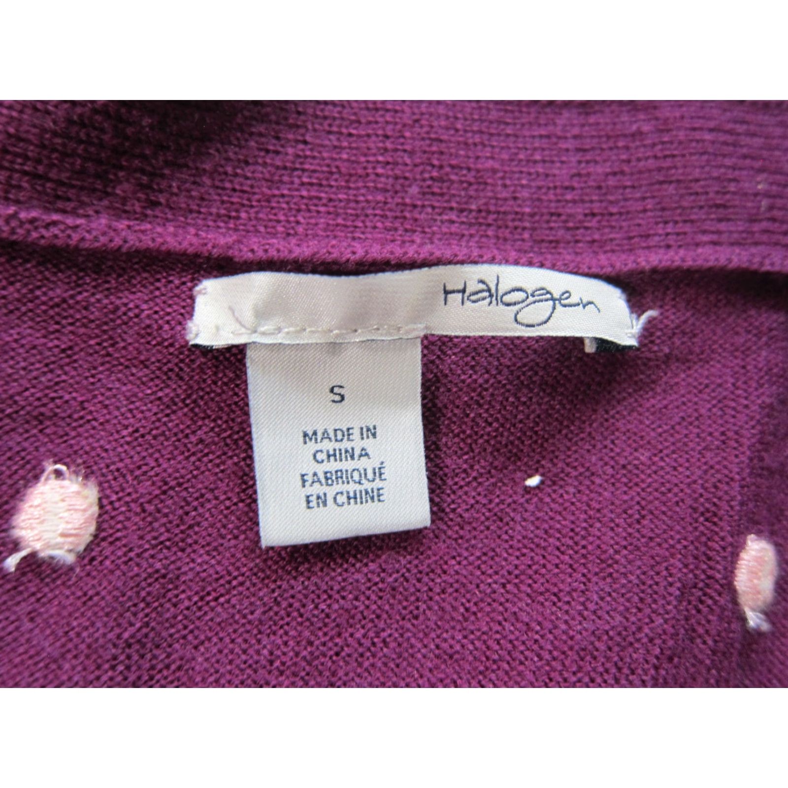 Vintage Halogen Cardigan Sweater Women Small V-Neck 100% Wool Purple White Polka Dot Knit Button Thin Long Sleeve Size S / US 4 / IT 40 - 3 Thumbnail
