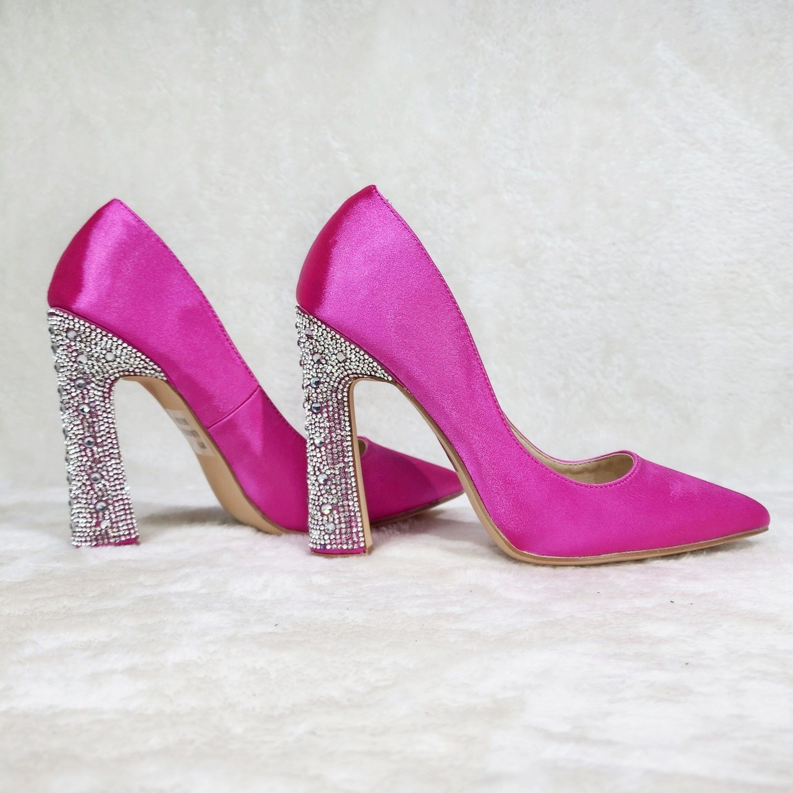 Other Fuchsia Pink Satin Pumps Rhinestone High Heel Party Shoes Size US 7 / IT 37 - 4 Thumbnail