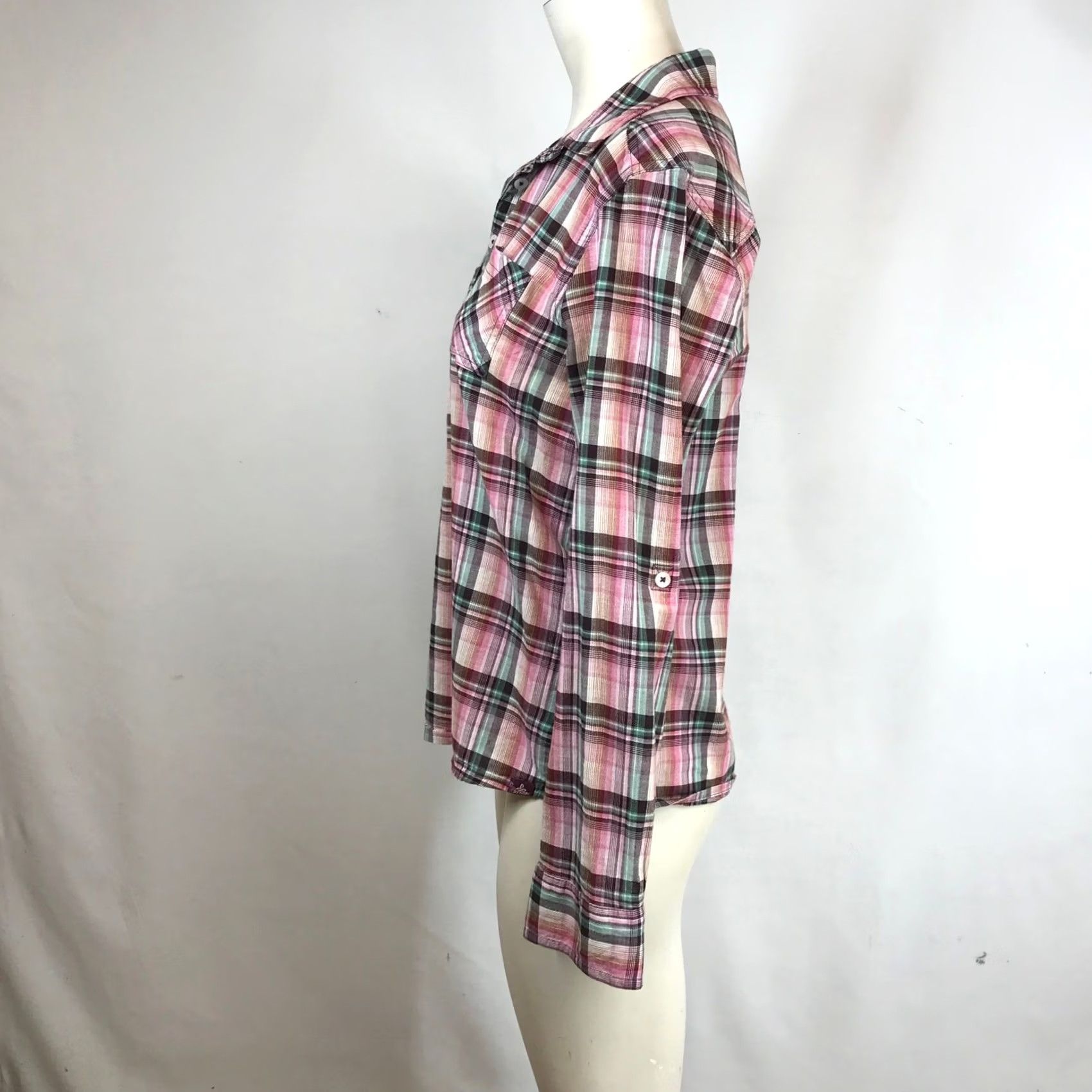 Prana Prana Womens Small Pink Teal Plaid Henley Shirt Top Roll Tab Sleeve Button-Down Shirt Top Size S / US 4 / IT 40 - 6 Thumbnail
