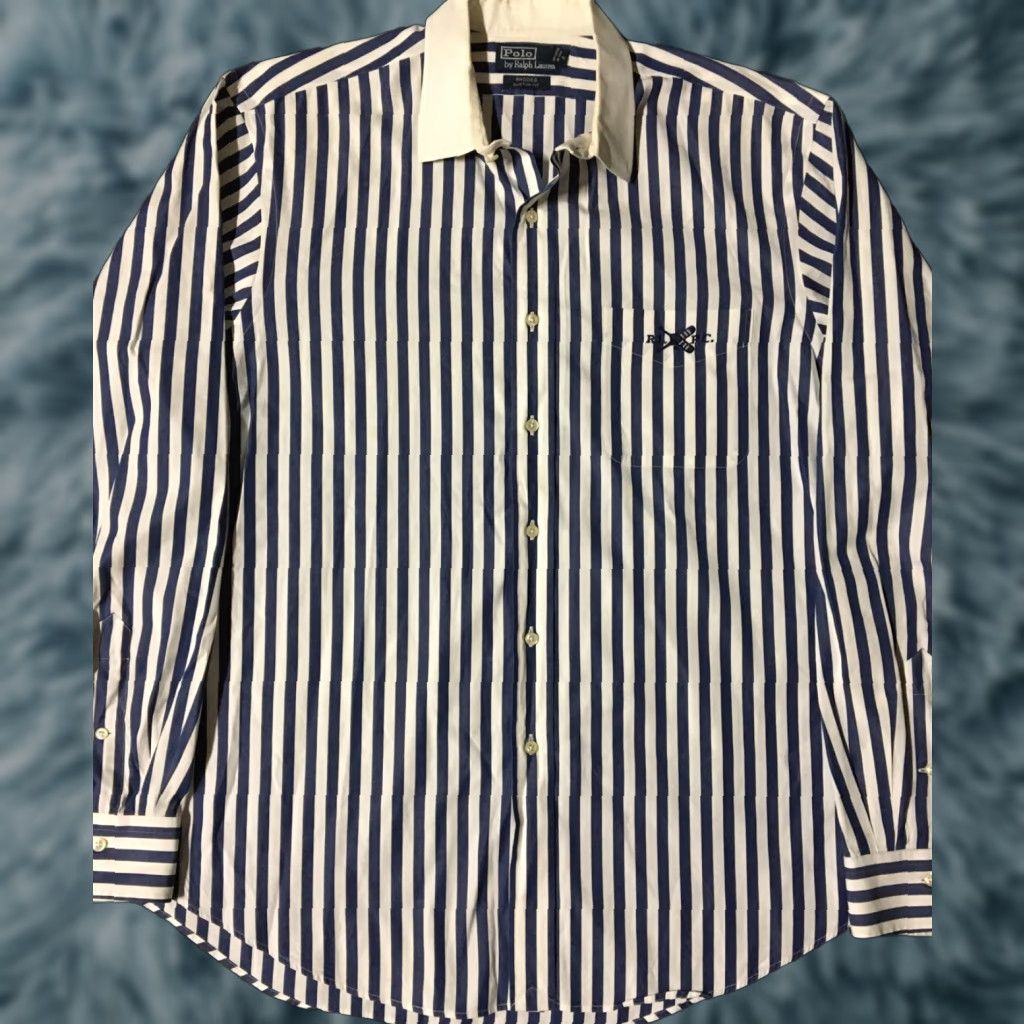 Polo Ralph Lauren Vtg Polo Ralph Lauren RLPC Striped Shirt XL Men Long Sleeve Button-Up USA 90s Nautical Sailing Flag Blue/White Size US XL / EU 56 / 4 - 1 Thumbnail
