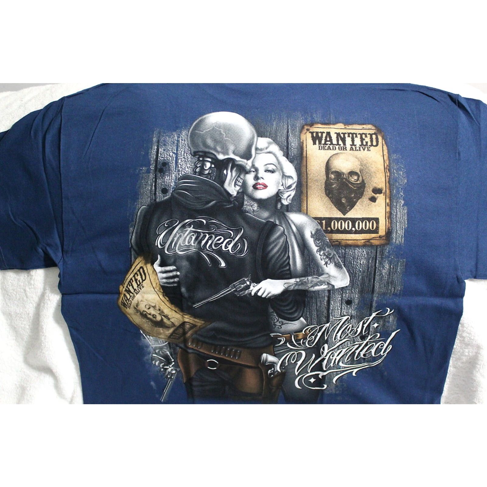 Vintage Vintage Marilyn Monroe Skull Gun T-Shirt Men XL Dark Blue Graphic Tee 100% Cotton Size US XL / EU 56 / 4 - 2 Thumbnail