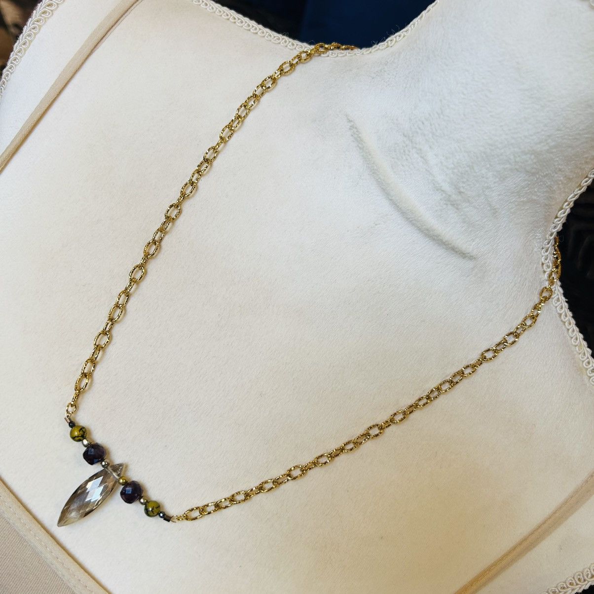 Handcrafted rutilated quartz glass stone beaded bar necklace