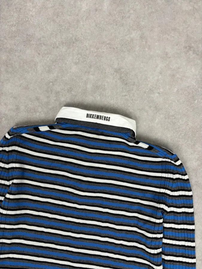Dirk Bikkembergs 2000s Bikkembergs Blue Striped V-Neck Sweater Wool Collar Size US M / EU 48-50 / 2 - 6 Thumbnail
