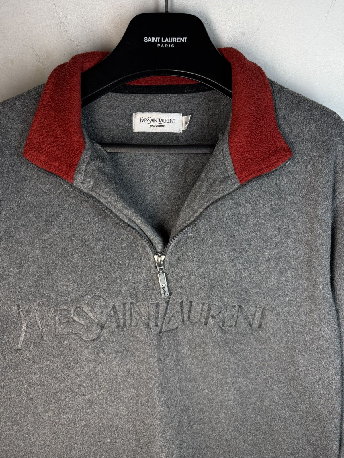 Yves Saint Laurent Fleece YSL Sweatshirt 1/4 Quarter Zip Big Logo Grey Vintage Size US M / EU 48-50 / 2 - 13 Thumbnail