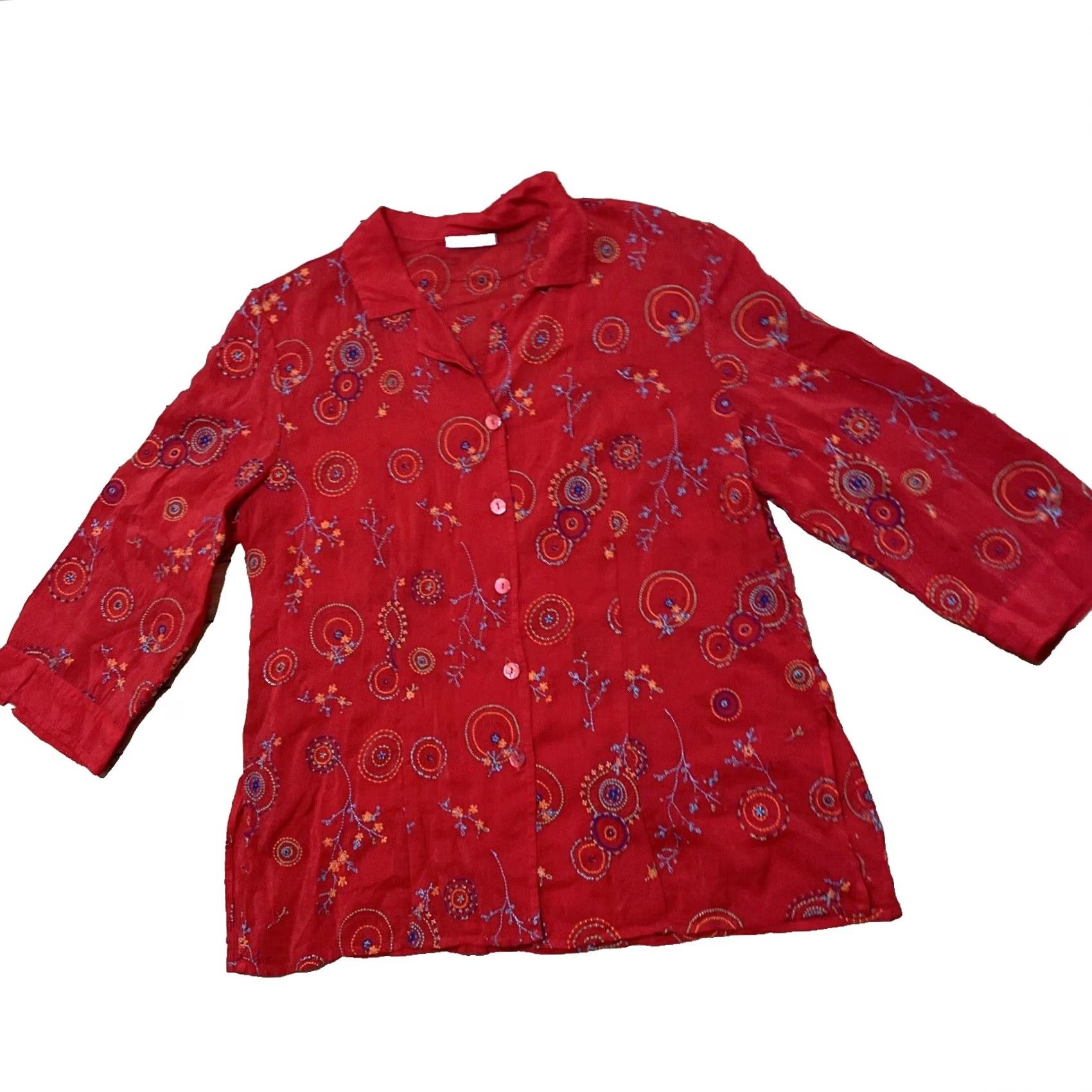 Vintage RUSS USA Top Womens XL Floral Beaded Boho Red Malibu Shirt Distress Holes Button-Up 3/4 Sleeve Cal... Size XL / US 12-14 / IT 48-50 - 2 Thumbnail