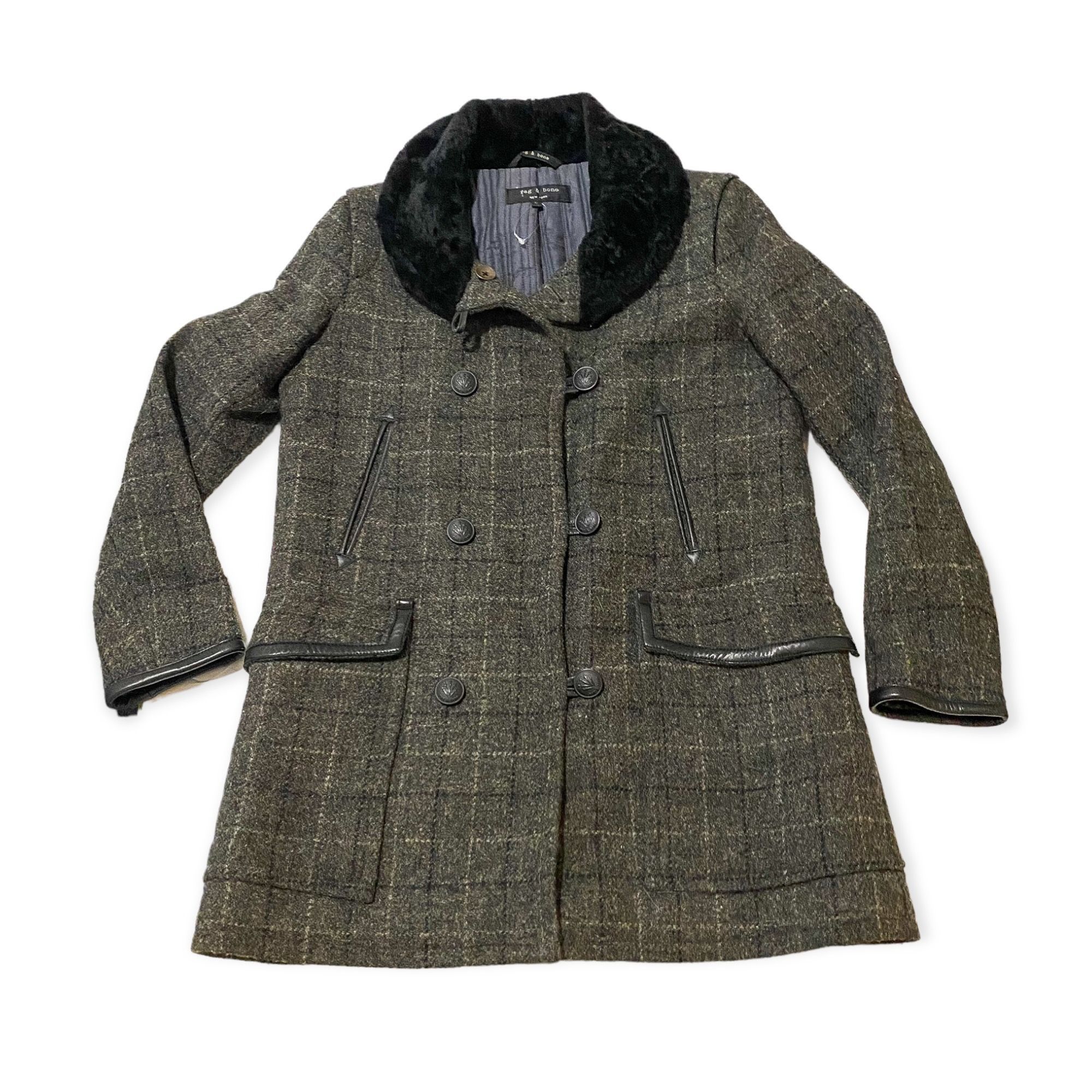 Rag Bone Wool Plaid Peacoat, Size 6, Leather trim