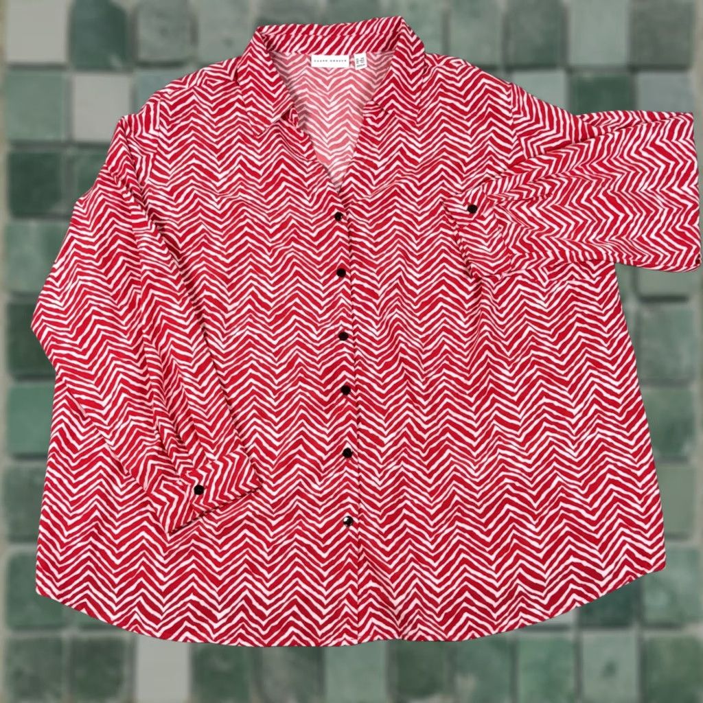 Vintage Susan Graver Button-Up Blouse V-Neck Red White Chevron Print 3XL Geometric Long Sleeve Plus Size Womens Clothing Holiday Size XXL / US 16-18 / IT 52-54 - 1 Thumbnail