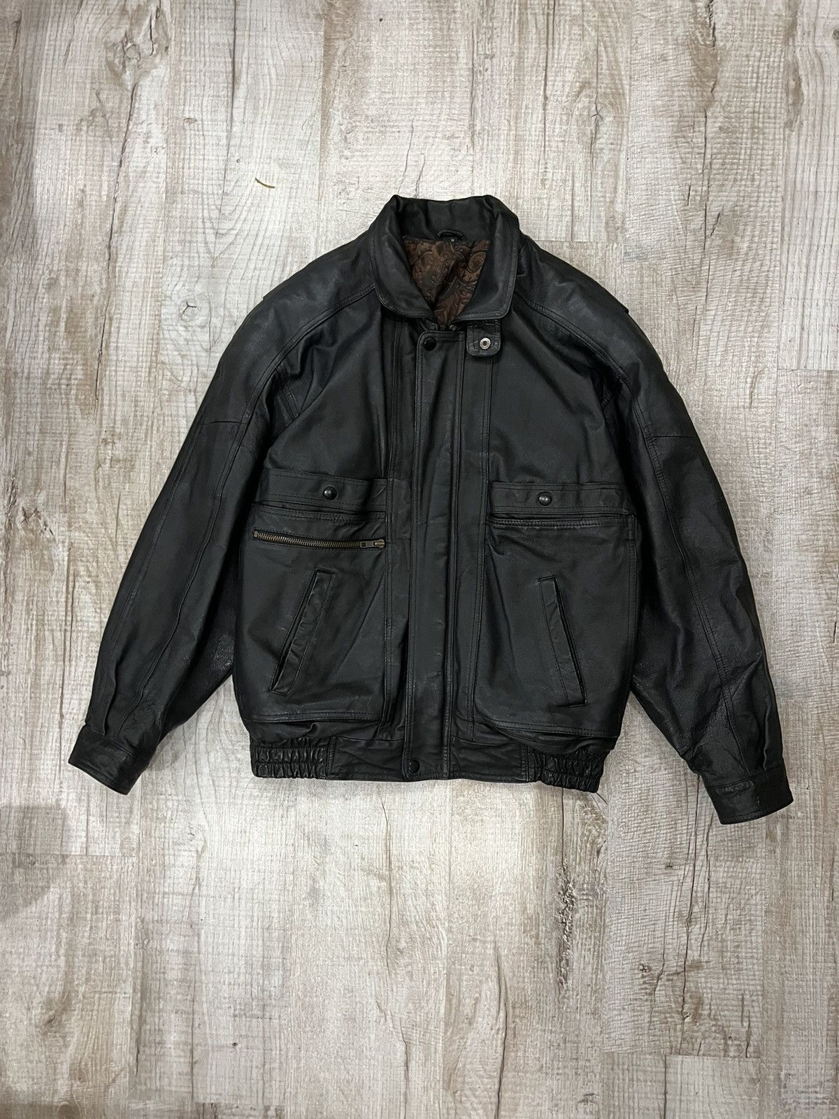image of Vintage Leather Bomber Jacket Avant Garde Multi Pocket 00S in Black, Men's (Size Medium)