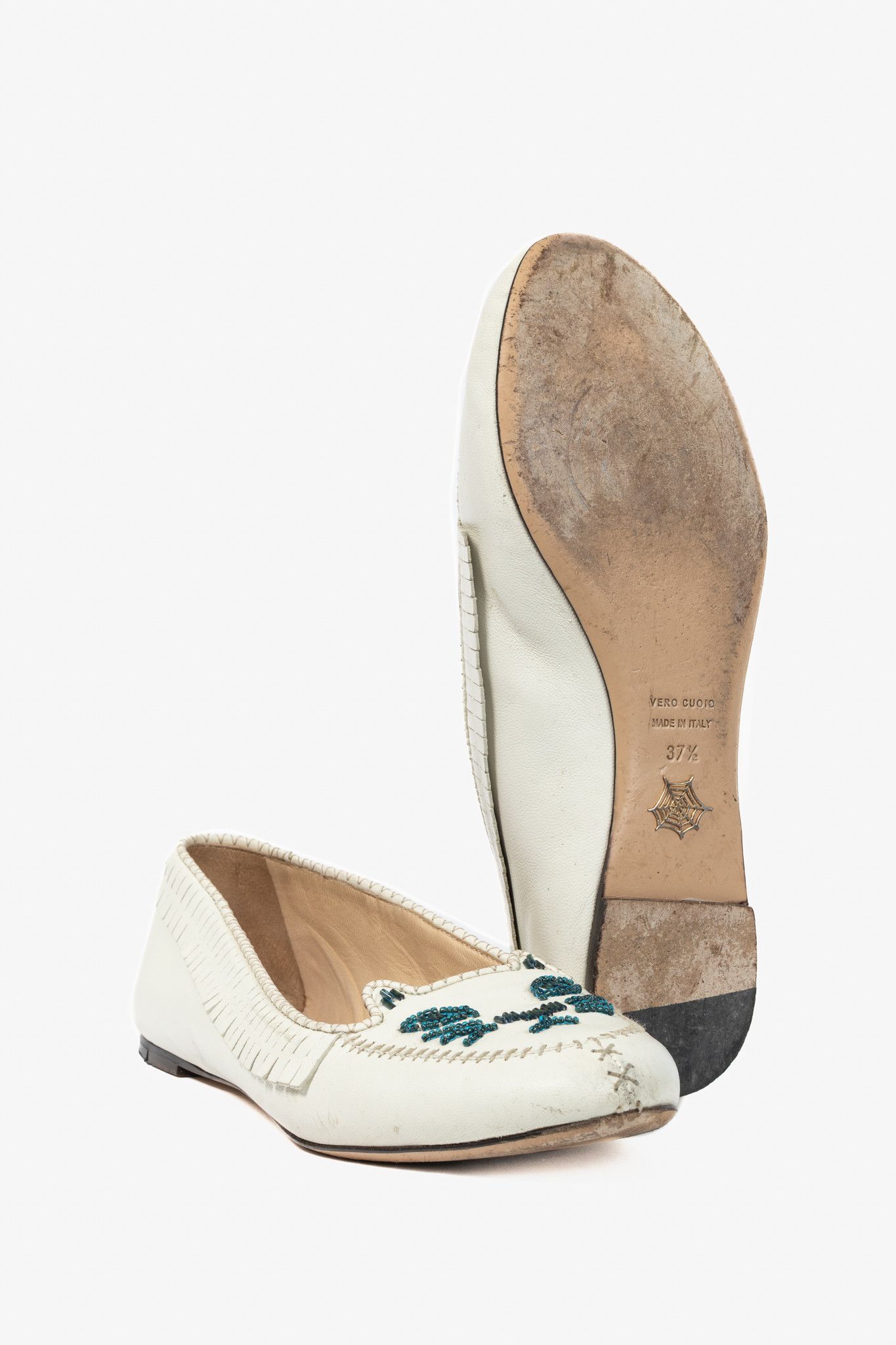 Charlotte Olympia Charlotte Olympia Kitty White Leather Beaded Fringe Flats Size US 7 / IT 37 - 5 Thumbnail