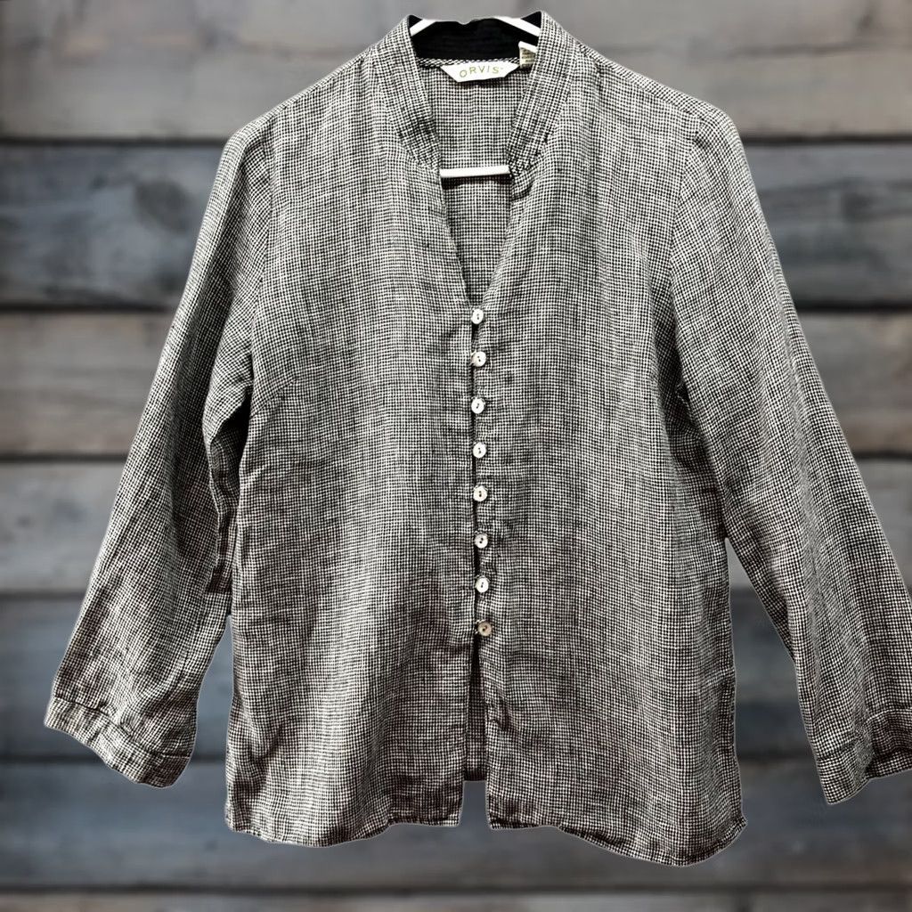 Orvis Orvis 100% Linen Long Sleeve Shirt Womens S Houndstooth Gray V-Neck Plaid Button Front Blouse Shirt Womens S Gray Linen V-Neck Houndstooth Size S / US 4 / IT 40 - 1 Thumbnail