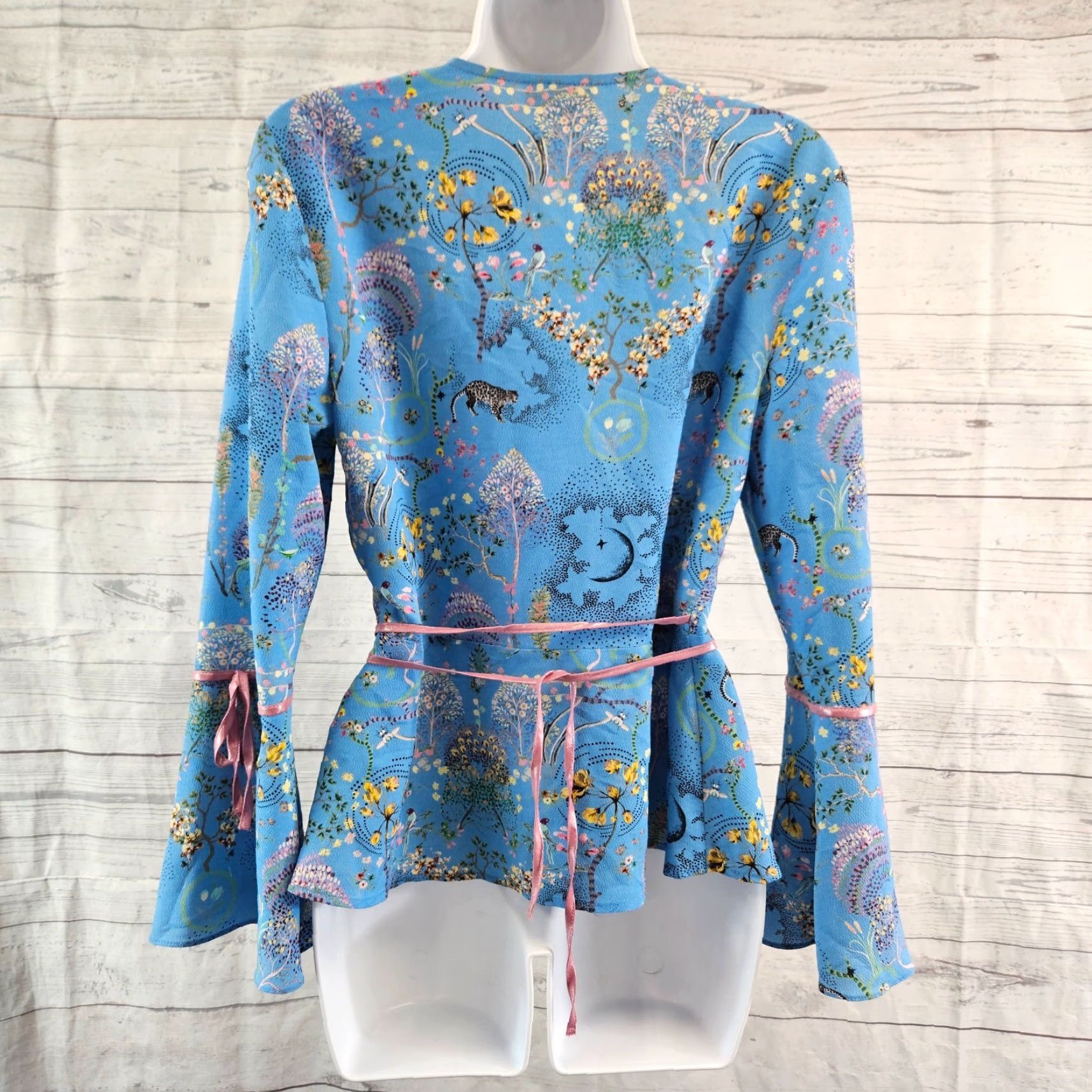 Topshop Topshop Womens Wrap Top Sz 6 Blue Pink Floral Bell Sleeves V-Neck Size S / US 4 / IT 40 - 4 Thumbnail