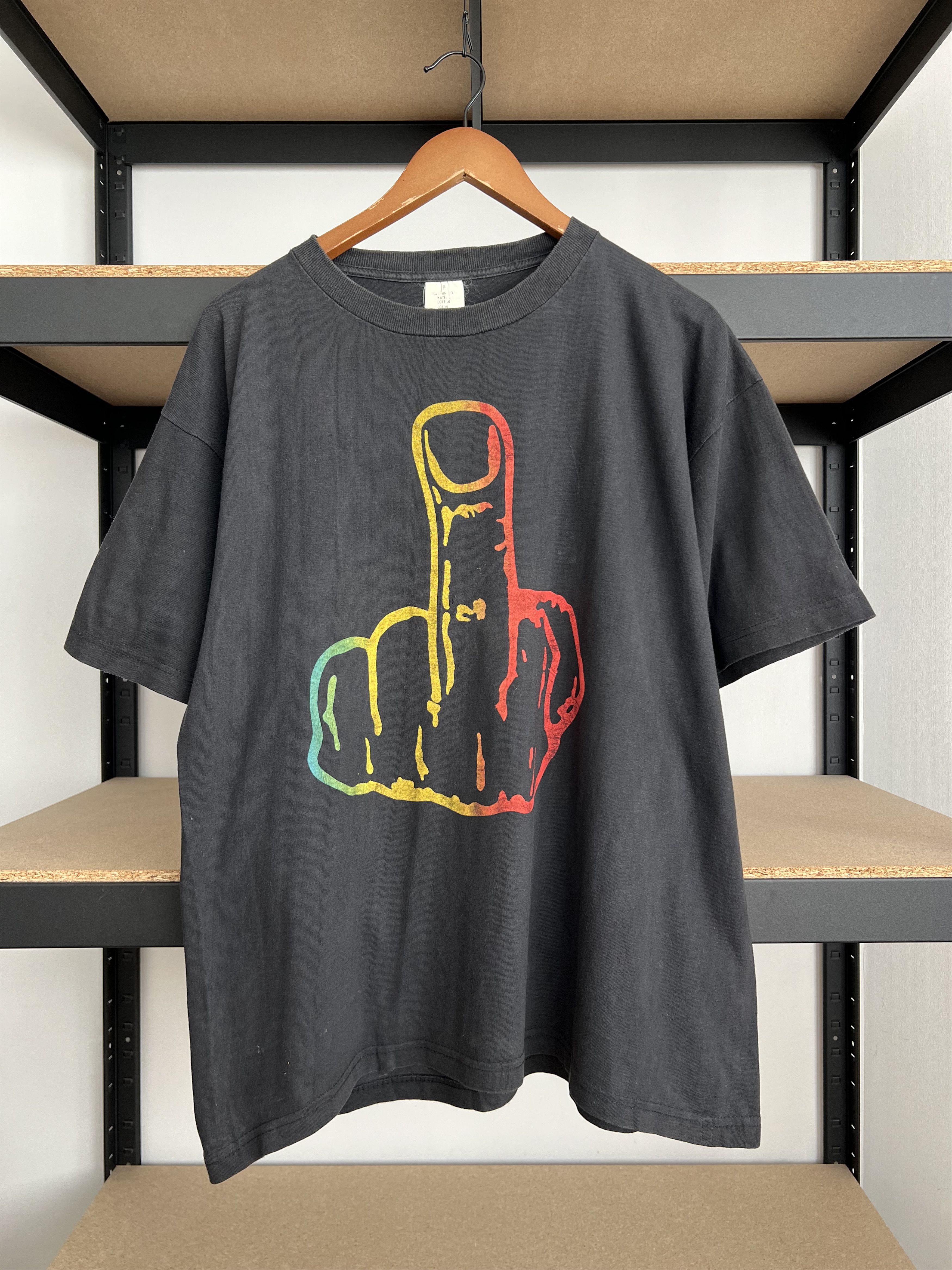 Vintage 90s Fuck You Hand Sign Middle Finger Black T-shirt