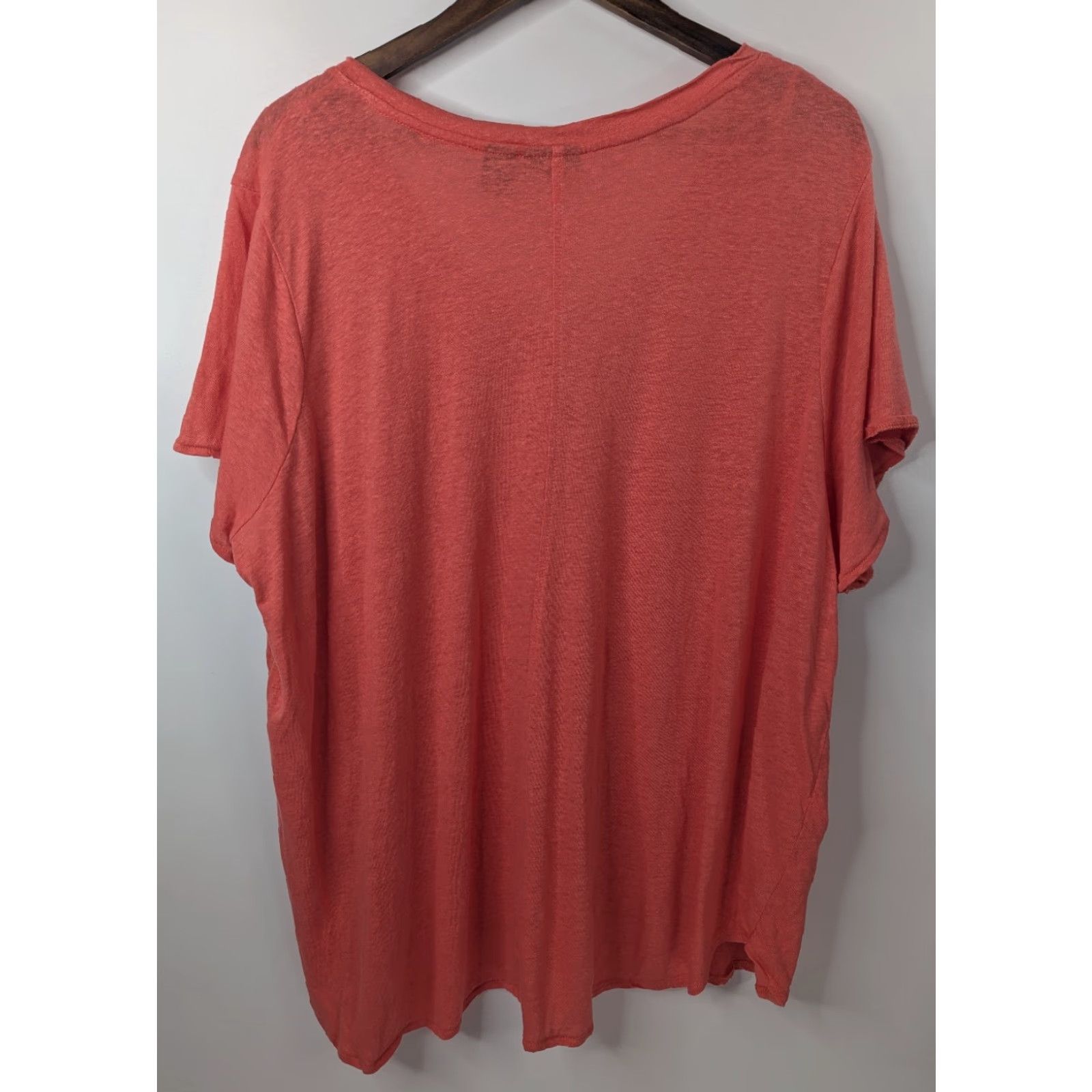 Vintage Tahari Shirt Women 3X V-Neck Short Sleeve Linen Lyocell Blend Seamed Orange Pink 90s? Size XXL / US 16-18 / IT 52-54 - 2 Thumbnail