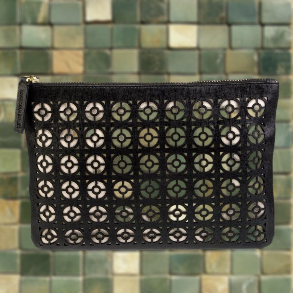 Vintage Jonathan Adler Clutch Women Medium Black Cream Laser Cut Geometric Faux Leather Modern Bag purse Size ONE SIZE - 1 Thumbnail
