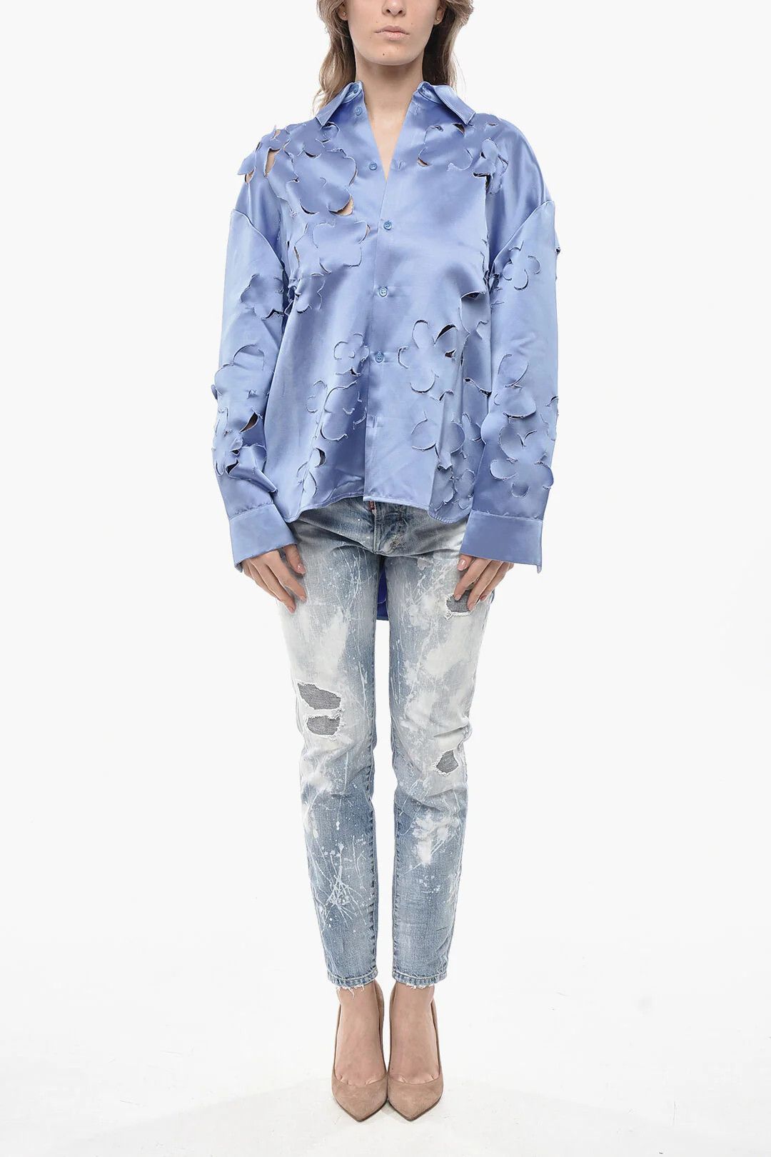 Marni og1mm0326 Floral Cut-Out Motif Satin Blouse in Light Blue Size S / US 4 / IT 40 - 4 Thumbnail