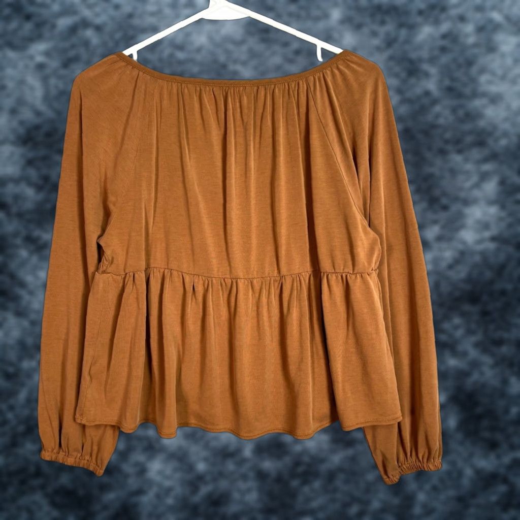 Lucky Brand Lucky Brand Blouse Shirt Womens Small Brown Long Sleeve Smocked Front Peasant Floral V-Neck Pullover Casual Spring Summer Fall Size S / US 4 / IT 40 - 1 Thumbnail