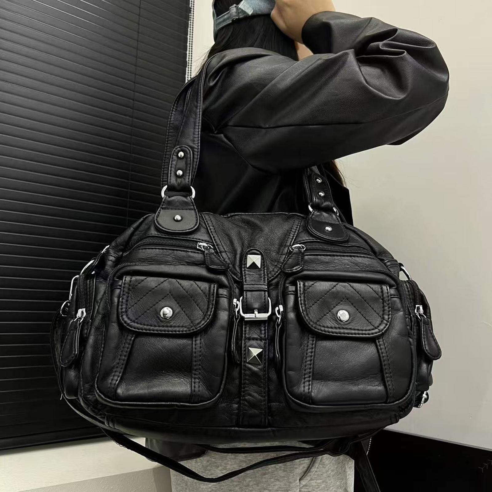 Vintage Black Quilted Leather Shoulder Bag, Multi-Pocket Handbag Size ONE SIZE - 1 Thumbnail