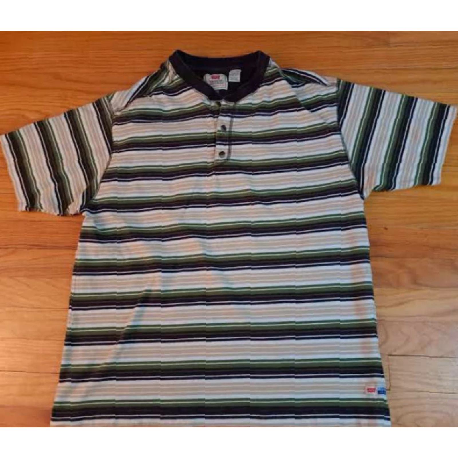 Levi's VINTAGE Levi's Button-Up Shirt XL Striped USA Cotton Canvas Short Sleeve Green- Black- tan Unisex Adults 27in long 23in pit to pit X-Large Size US XL / EU 56 / 4 - 3 Thumbnail