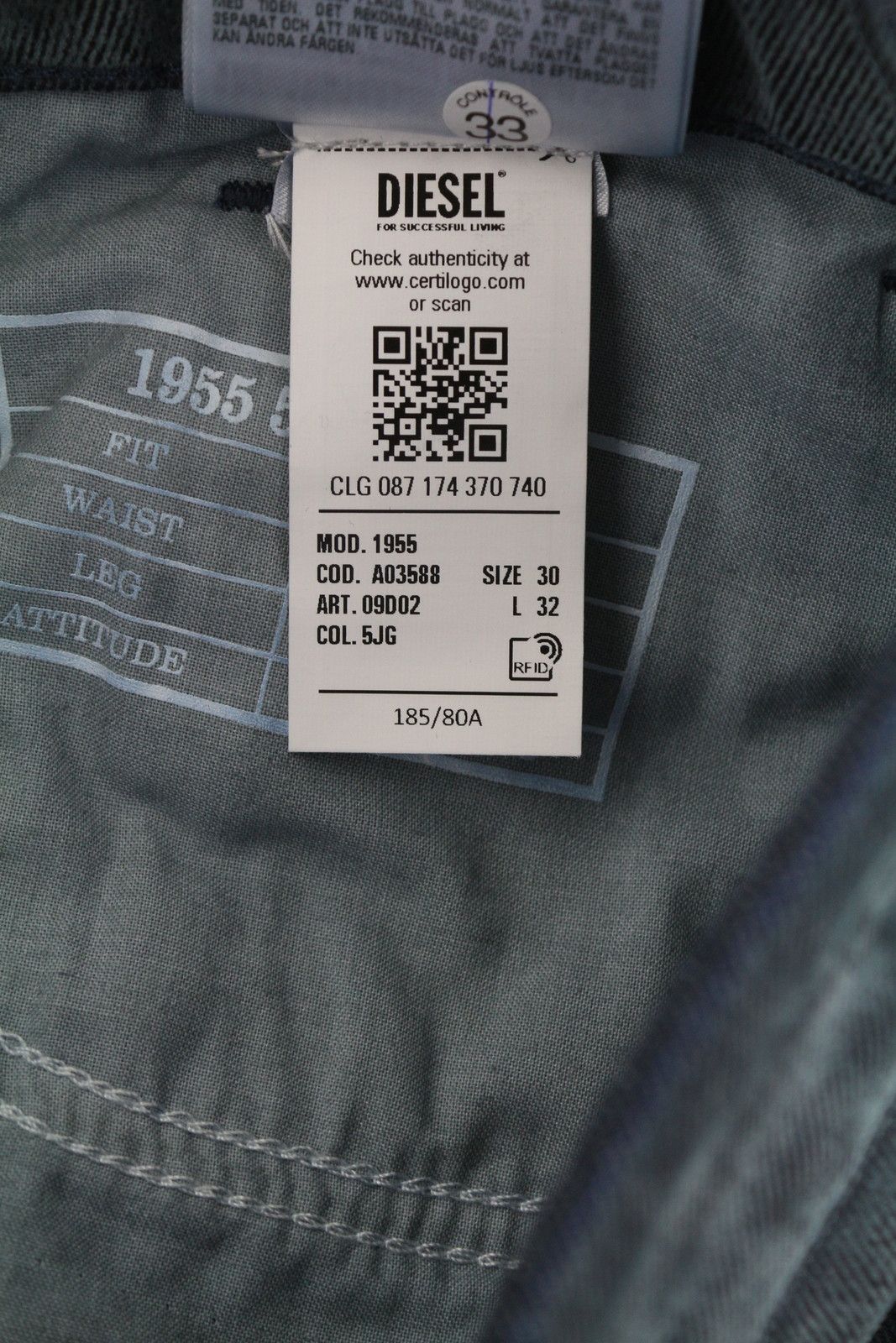 Diesel 1955 09D02 W30/L32 Regular Straight Washed Jeans 40932 Size US 30 / EU 46 - 12 Thumbnail
