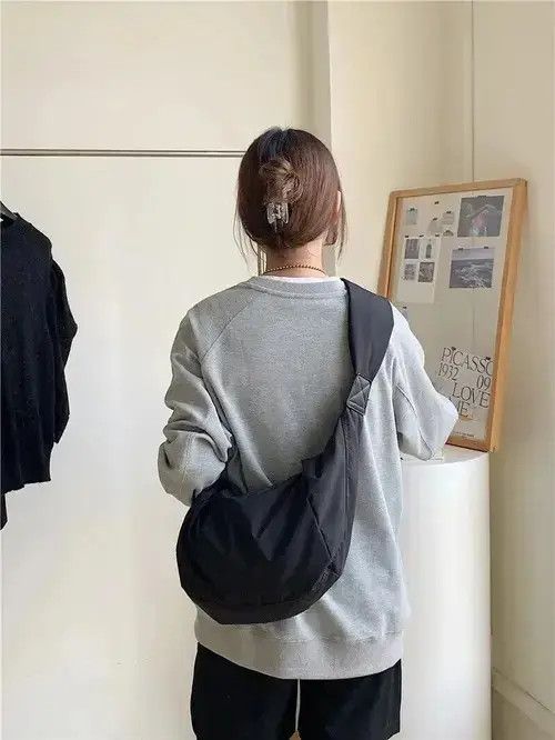 Large Capacity Casual Nylon Crossbody Dumpling Bag in Black, Men's