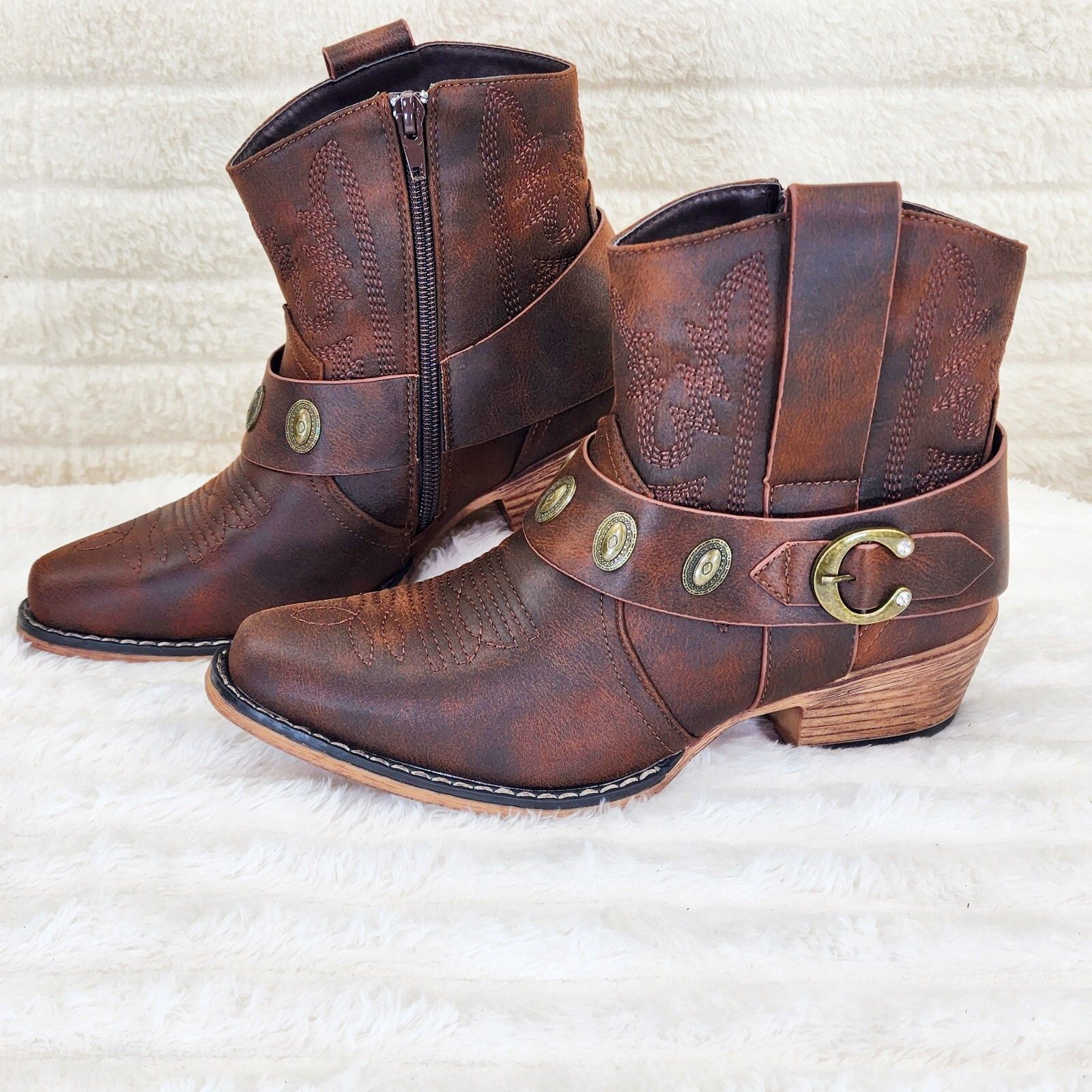 Wild West Brown Distressed Western Cowgirl Pull On Ankle Boo