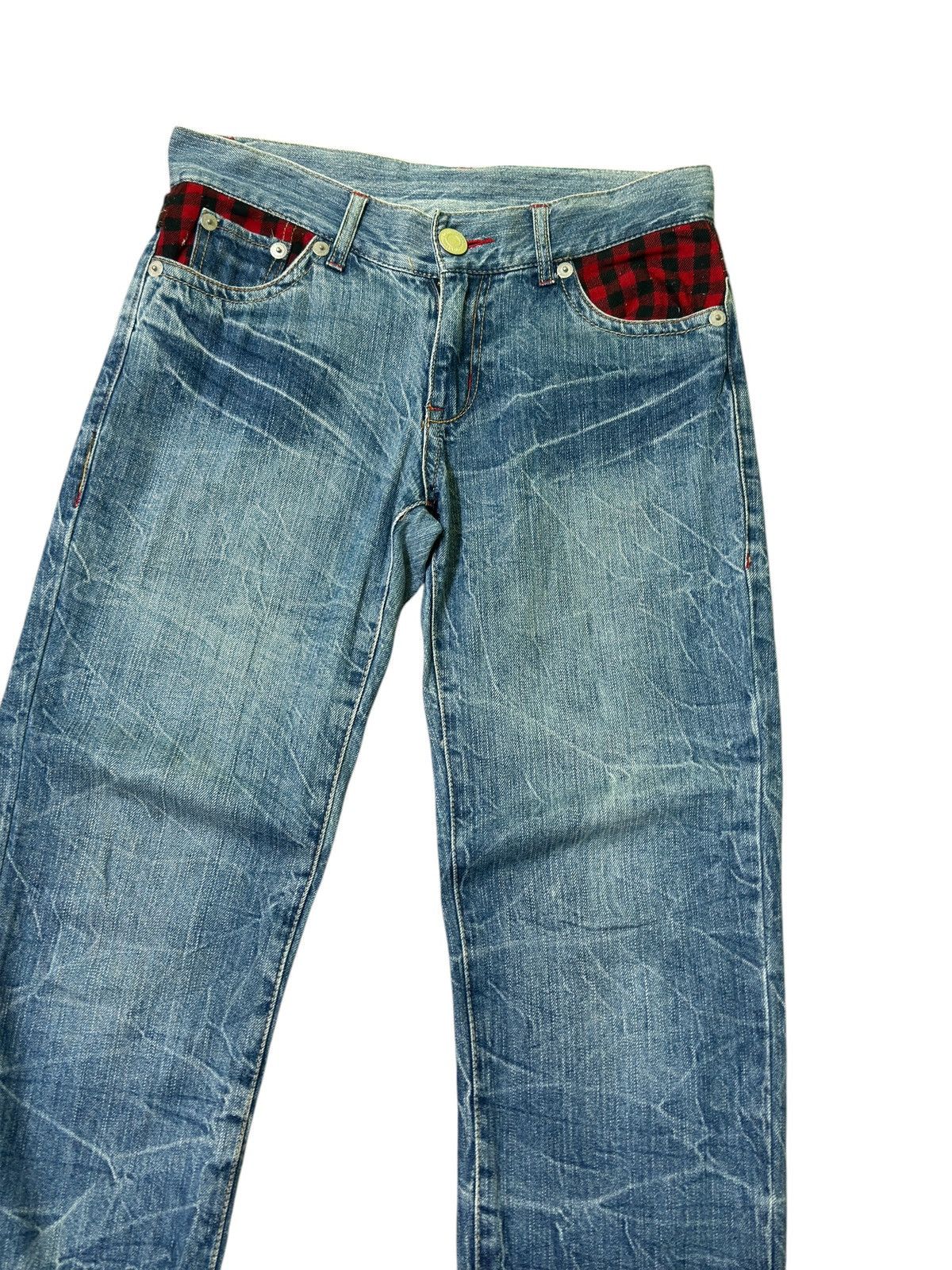 Japanese Brand Distressed Plaid Tartans Junya Watanabe Denim Jeans Size US 31 - 5 Thumbnail