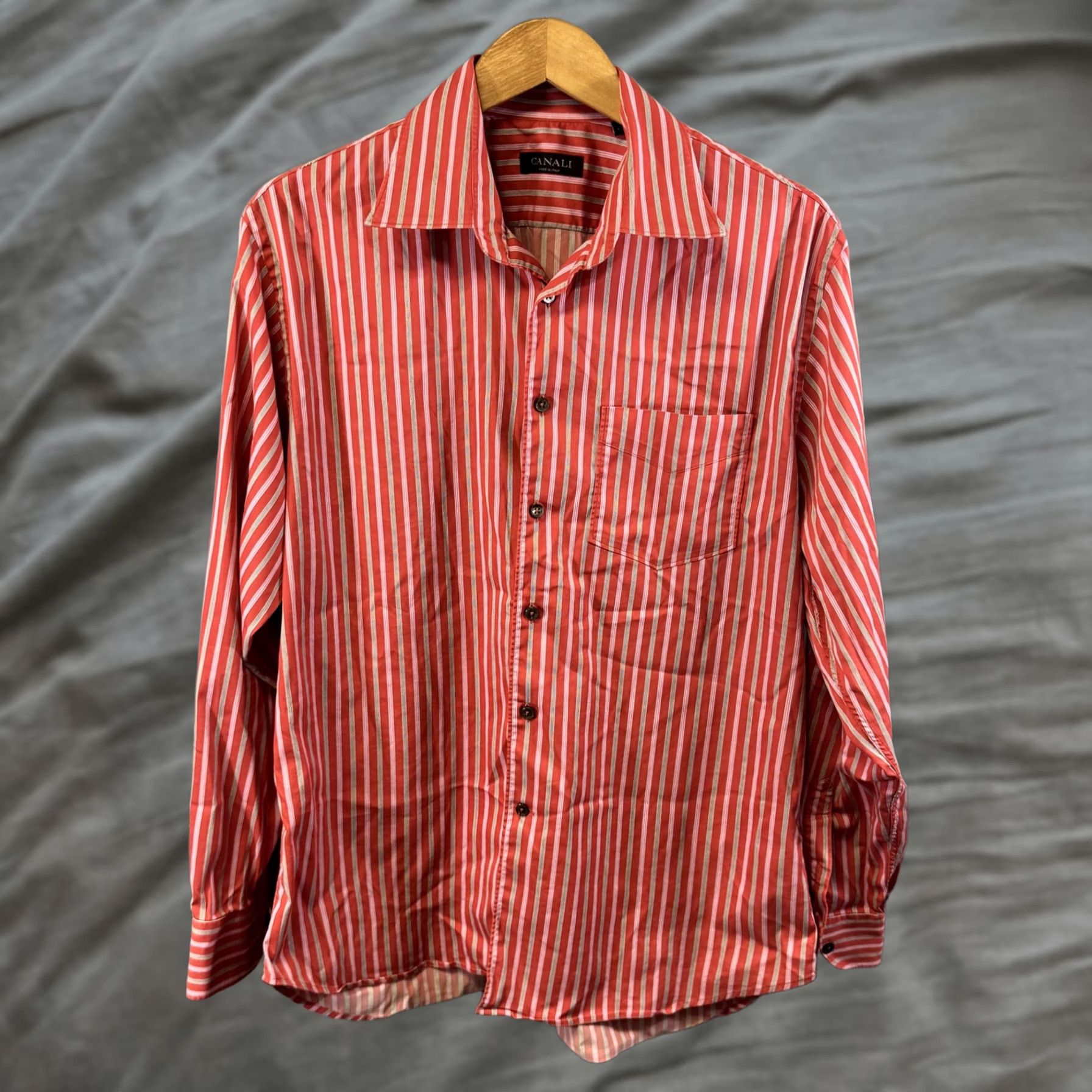 Canali Canali Shirt Mens L Red White Striped Button Down Made Italy Cotton Dress Shirt Size 42R - 1 Thumbnail
