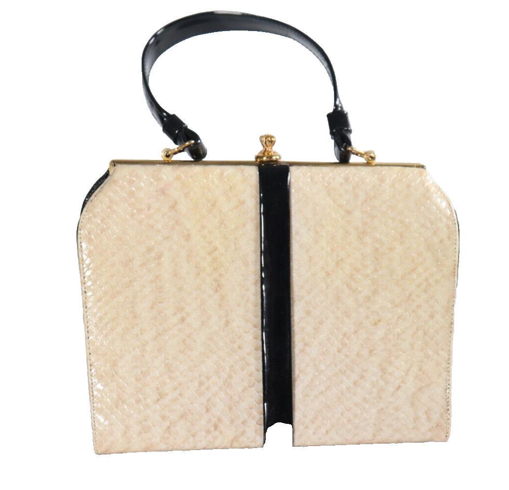 Designer Vintage Cream Black Patent Faux Snake Skin Handbag Purse Bag Size ONE SIZE - 3 Thumbnail