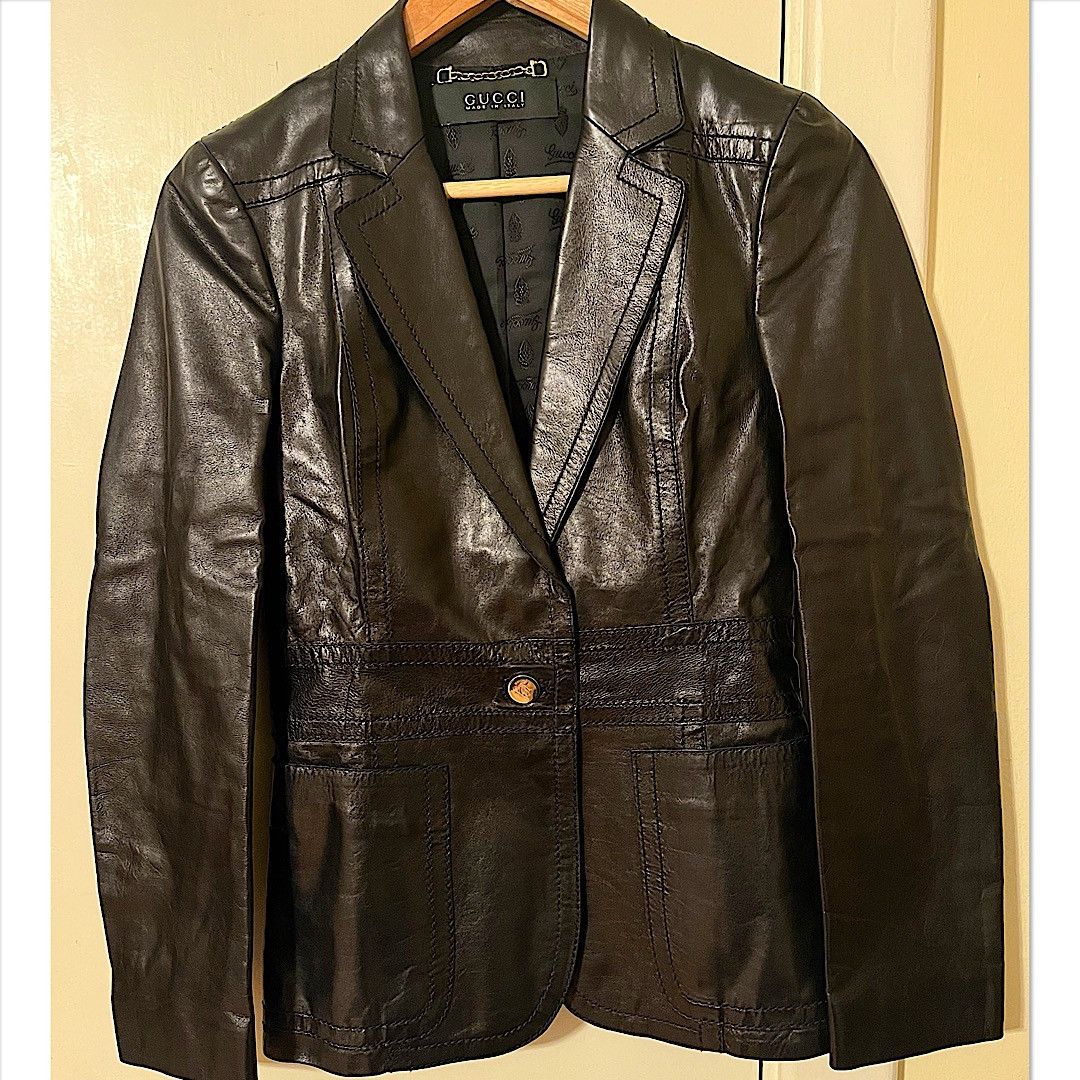 image of Authentic Gucci Tom Ford Leather Crest Blazer in Black, Women's (Size XS)