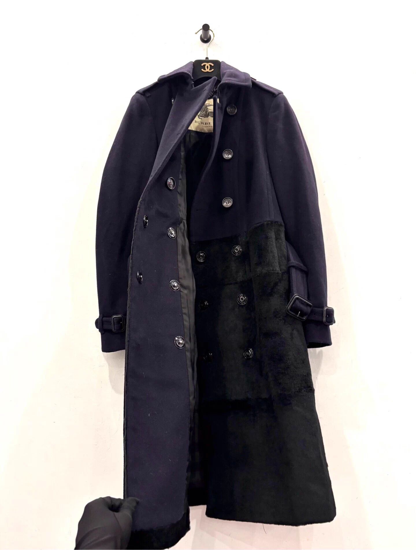 Burberry London Wool Trench Horseferry Black Rabbit Fur UK6