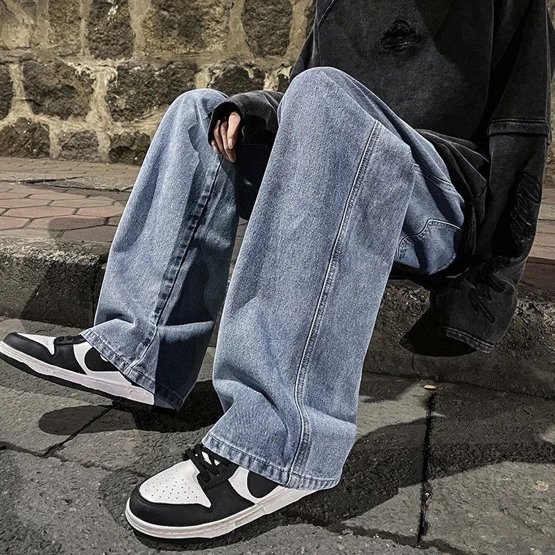 image of Distressed Denim Washed Blue High Street Straight Loose Wide Leg Denim Pant, Men's (Size 27)